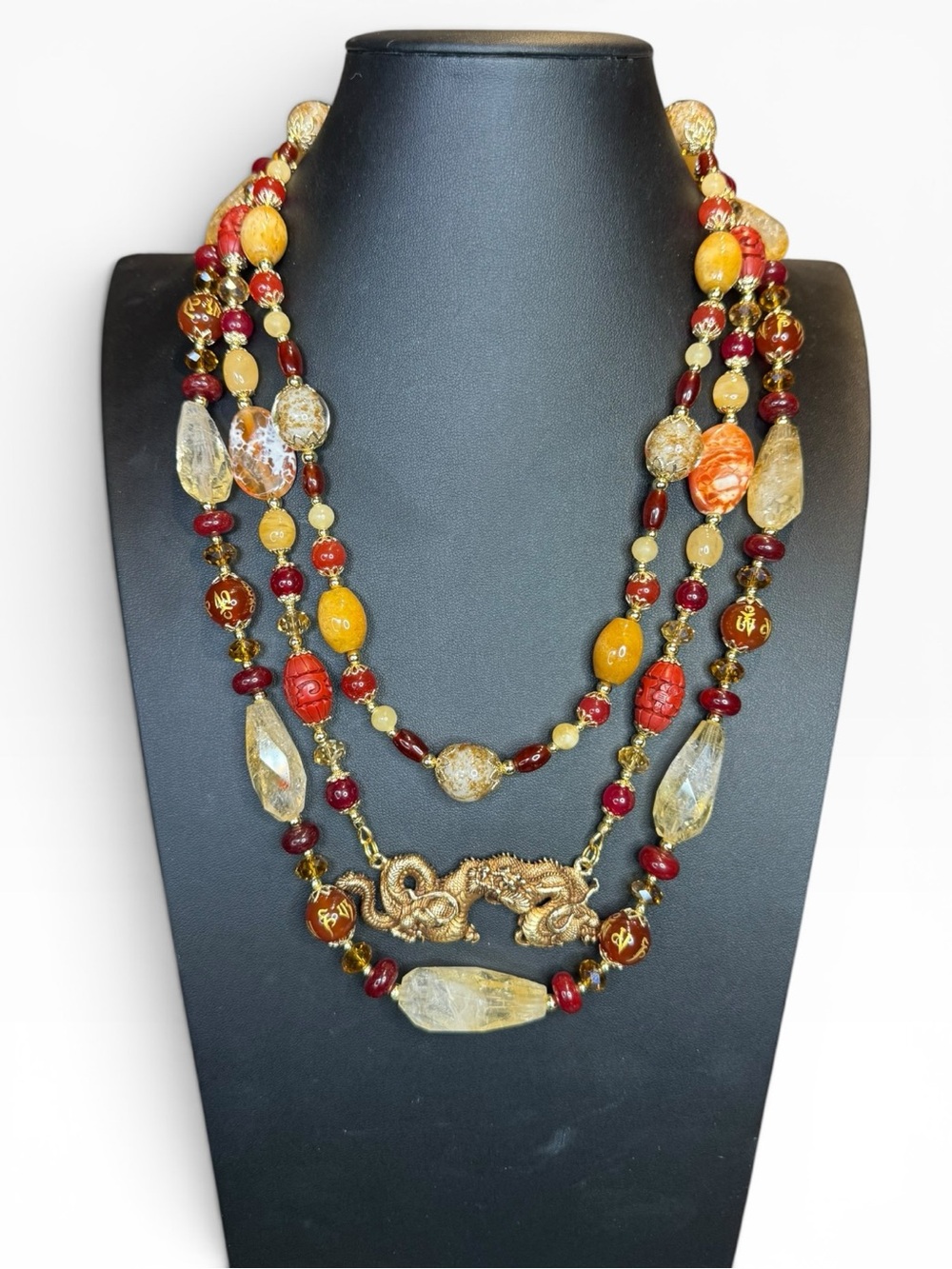 SOLD-ARTISAN Ruby, Citrine & Carnelian Multi-Strand Alva Museum Pendant Necklace - Picture 6 of 7